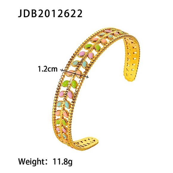 Gold Plated Leaf Design Multicolor Bangle Bracelet Ring Set - Picture 15 of 15
